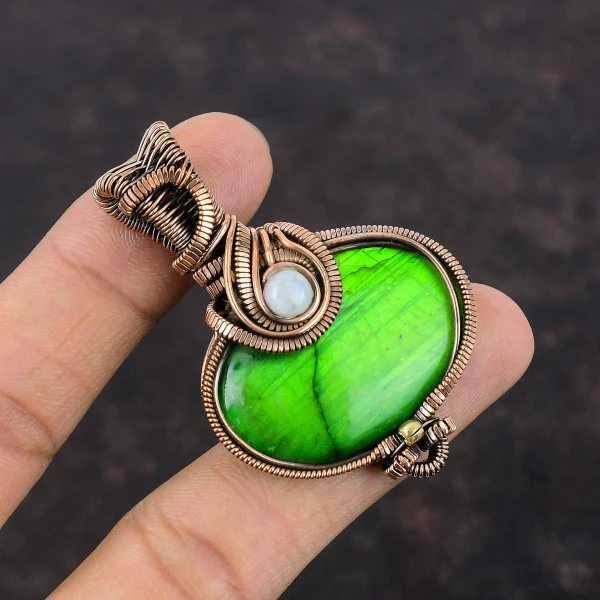 Green Fire Labradorite Oval Green Handmade Copper Wire Wrapped Pendant