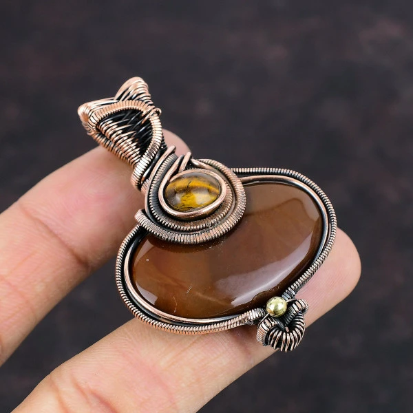 Mookaite Oval Brown Handmade Copper Wire Wrapped Pendant
