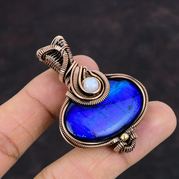 Blue Fire Labradorite Oval Blue Handmade Copper Wire Wrapped Pendant