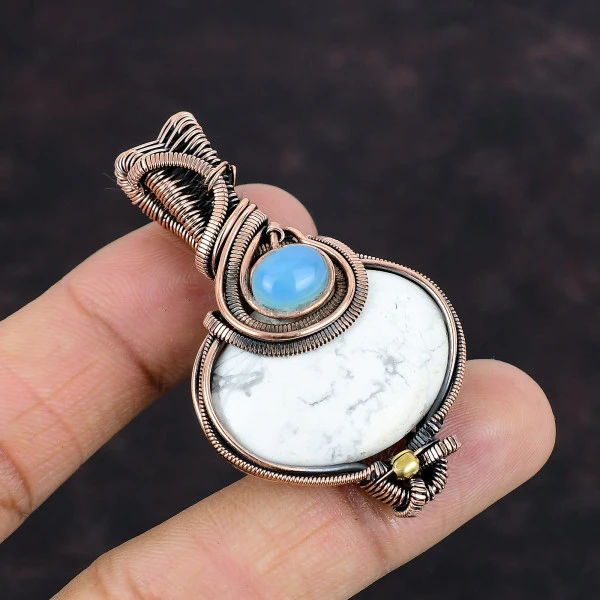 Howlite Oval White Handmade Copper Wire Wrapped Pendant