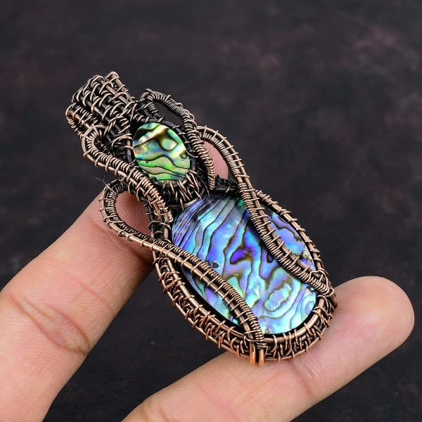 Abalone Shell Oval Green Handmade Copper Wire Wrapped Pendant
