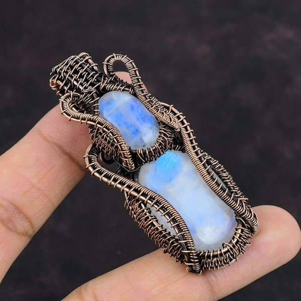 Rainbow Moonstone Oval White Handmade Copper Wire Wrapped Pendant
