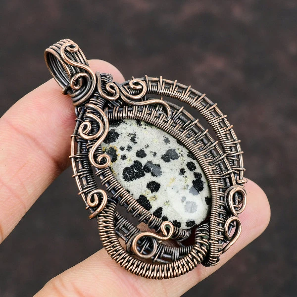Dalmatian Jasper Oval Gray Handmade Copper Wire Wrapped Pendant
