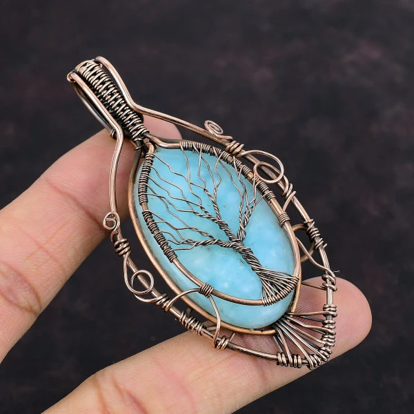 Hemimorphite Oval Blue Handmade Copper Wire Wrapped Pendant