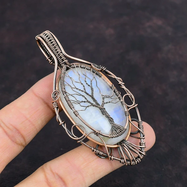 Rainbow Moonstone Oval White Handmade Copper Wire Wrapped Pendant