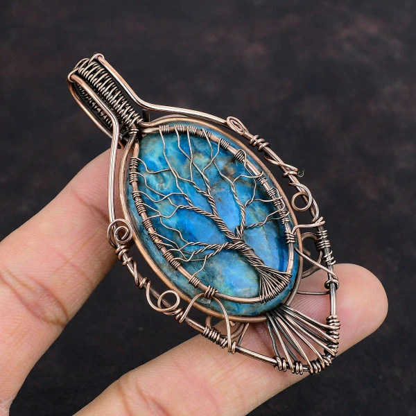 Neon Apatite Oval Blue Handmade Copper Wire Wrapped Pendant