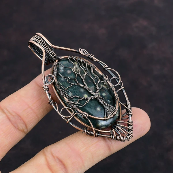Ocean Jasper Oval Green Handmade Copper Wire Wrapped Pendant