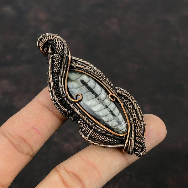 Orthoceras Fossil Pear Gray Handmade Copper Wire Wrapped Pendant