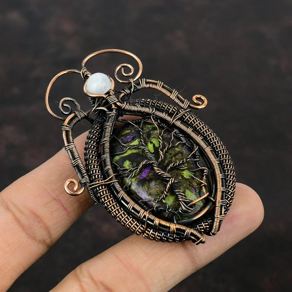 Copper Stichtite Oval Green Handmade Copper Wire Wrapped Pendant