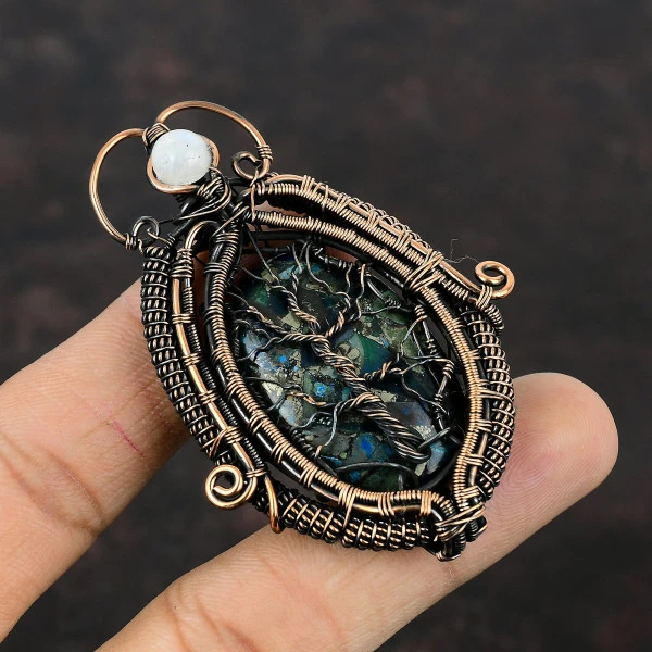 Copper Chrysocolla Oval Blue Handmade Copper Wire Wrapped Pendant