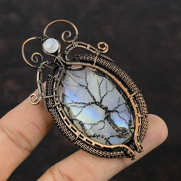 Rainbow Moonstone Oval White Handmade Copper Wire Wrapped Pendant