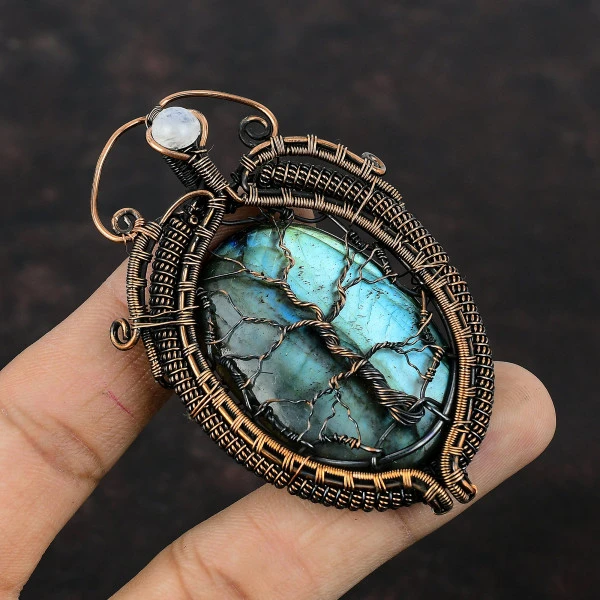 Labradorite Oval Gray Handmade Copper Wire Wrapped Pendant