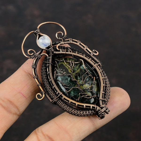 Copper Seraphinite Oval Green Handmade Copper Wire Wrapped Pendant