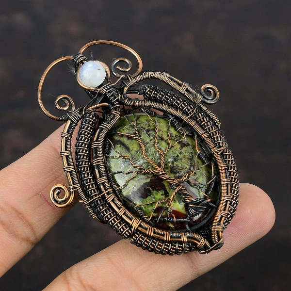 Dragon Bloodstone Oval Green Handmade Copper Wire Wrapped Pendant