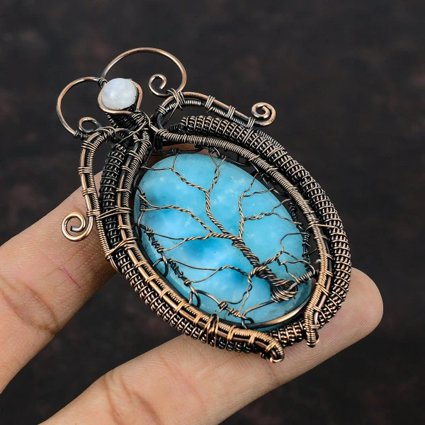 Larimar Oval Blue Handmade Copper Wire Wrapped Pendant