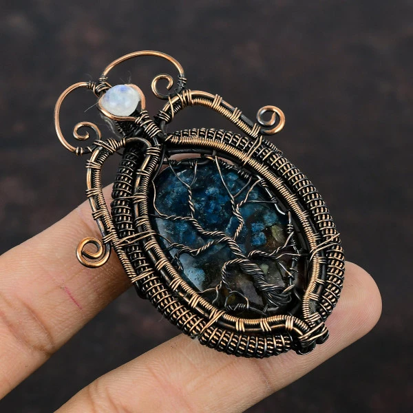 Copper Watermelon Tourmaline Oval Blue Handmade Copper Wire Wrapped Pendant