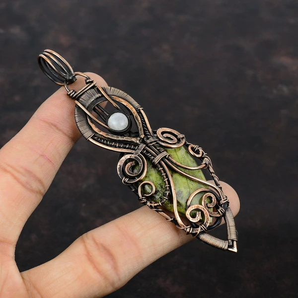 Dragon Bloodstone Pear Green Handmade Copper Wire Wrapped Pendant