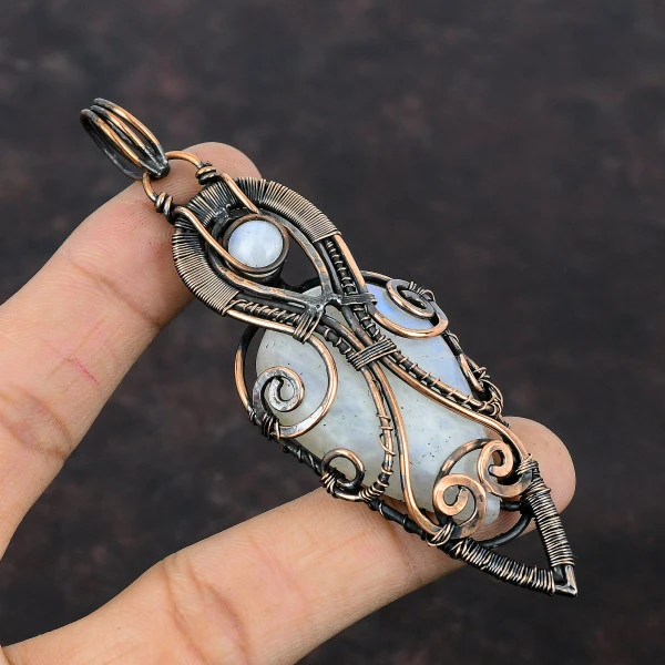 Rainbow Moonstone Pear White Handmade Copper Wire Wrapped Pendant