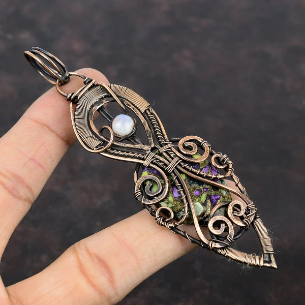 Copper Stichtite Pear Green Handmade Copper Wire Wrapped Pendant