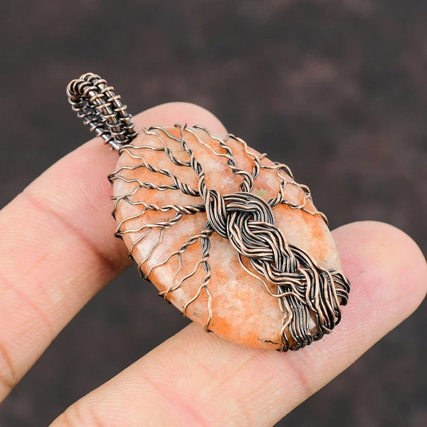 Sunstone Oval Orange Handmade Copper Wire Wrapped Pendant