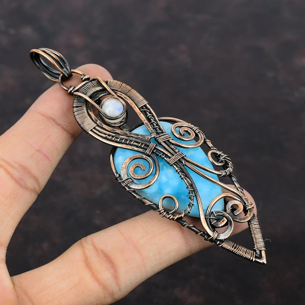 Larimar Pear Blue Handmade Copper Wire Wrapped Pendant