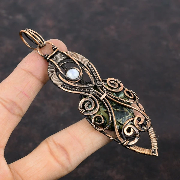 Copper Seraphinite Pear Green Handmade Copper Wire Wrapped Pendant