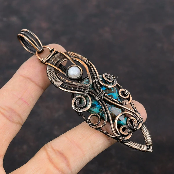 Chrysocolla Pear Green Handmade Copper Wire Wrapped Pendant