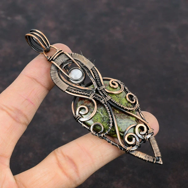 Dragon Bloodstone Pear Green Handmade Copper Wire Wrapped Pendant