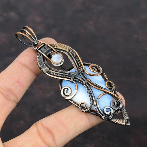 Owyhee Blue Opal Pear Blue Handmade Copper Wire Wrapped Pendant