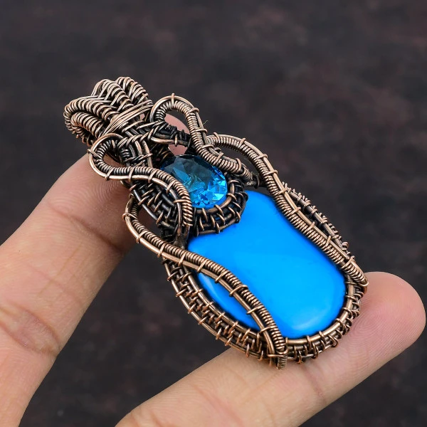 Sleeping Beauty Turquoise Oval Blue Handmade Copper Wire Wrapped Pendant