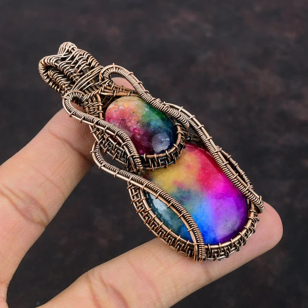 Rainbow Solar Quartz Druzy Oval Pink Handmade Copper Wire Wrapped Pendant