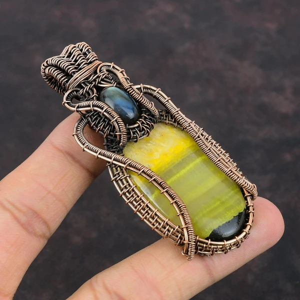 Bumble Bee Jasper Oval Yellow Handmade Copper Wire Wrapped Pendant
