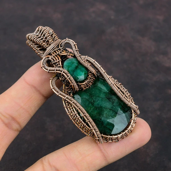 Zambian Emerald Oval Green Handmade Copper Wire Wrapped Pendant