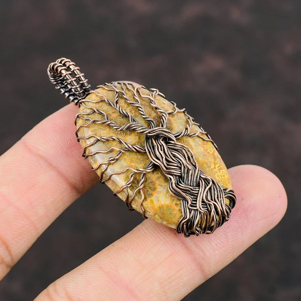 Fossil Coral Oval Brown Handmade Copper Wire Wrapped Pendant
