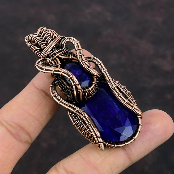 Blue Sapphire Oval Blue Handmade Copper Wire Wrapped Pendant