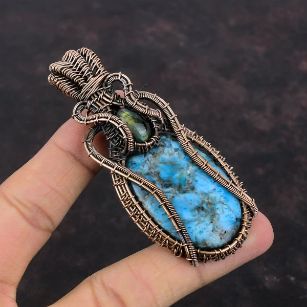 Neon Apatite Oval Blue Handmade Copper Wire Wrapped Pendant