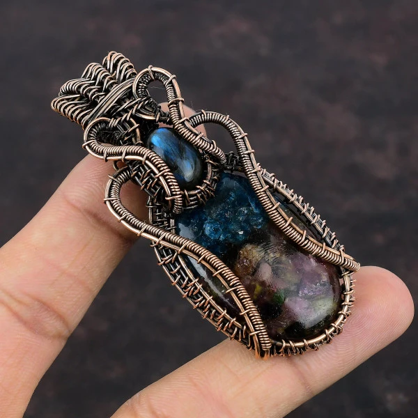 Copper Watermelon Tourmaline Oval Blue Handmade Copper Wire Wrapped Pendant