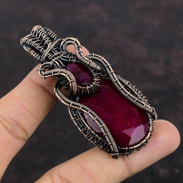 Kashmir Ruby Oval Red Handmade Copper Wire Wrapped Pendant