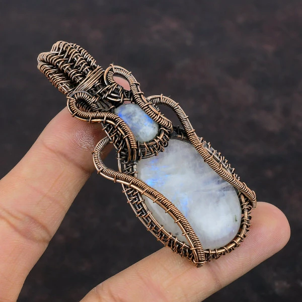 Rainbow Moonstone Oval White Handmade Copper Wire Wrapped Pendant