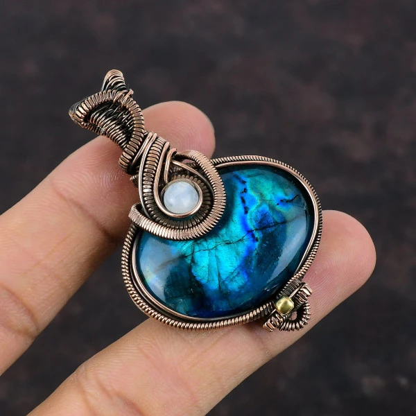 Neon Flash Labradorite Oval Blue Handmade Copper Wire Wrapped Pendant