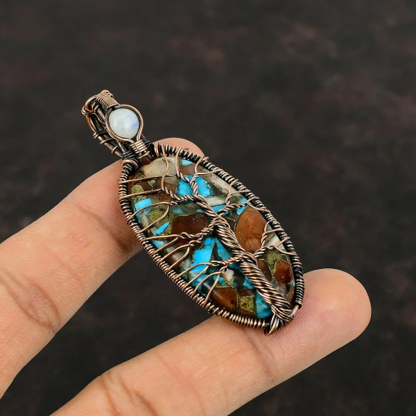 Tree Of Life Spiny Oyster Copper Turquoise Copper Wire Wrap Moonstone Gemstone Pendant