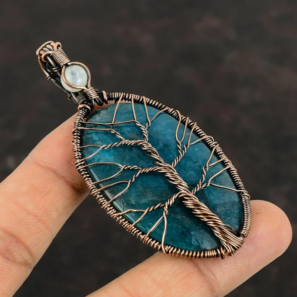 Neon Apatite Pendant Rainbow Moonstone Copper Wire Wrapped Pendant Tree Of Life Jewerly