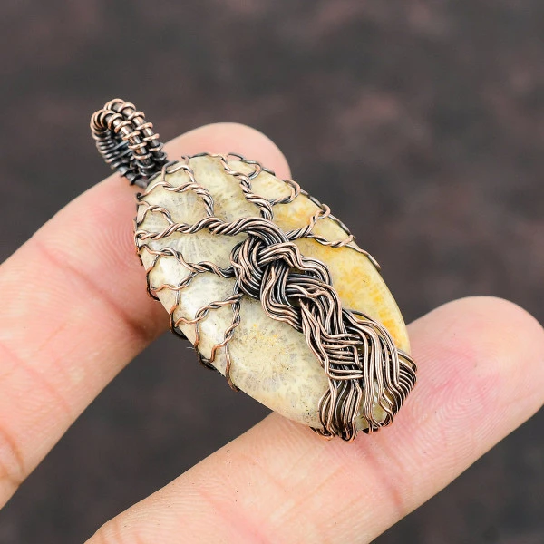 Fossil Coral Oval White Handmade Copper Wire Wrapped Pendant