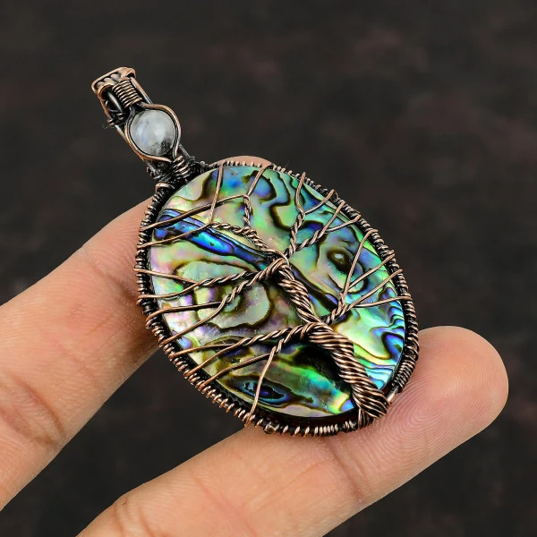 Tree of life Abalone Shell Copper Wire Wrapped Pendant Moonstone Pendant Gemstone Jewelry