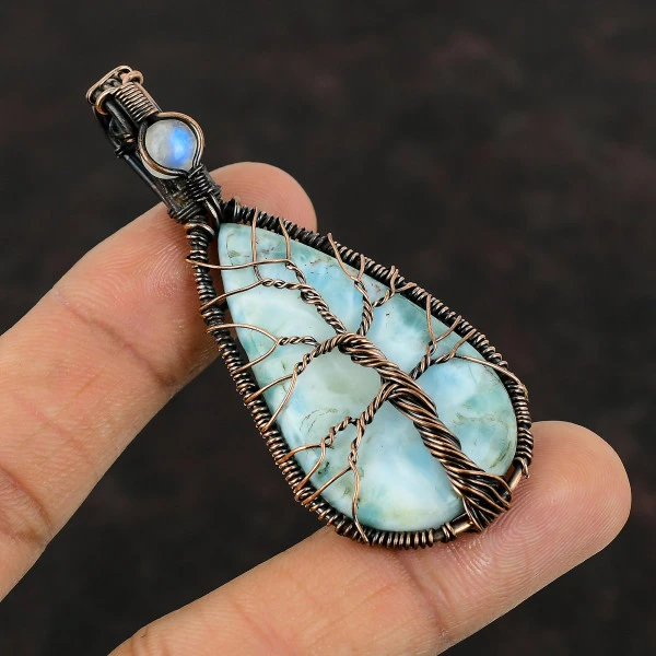 Tree Of Life Larimar Copper Pendant Rainbow Moonstone Wire Wrap Pendant Gemstone Jewelry