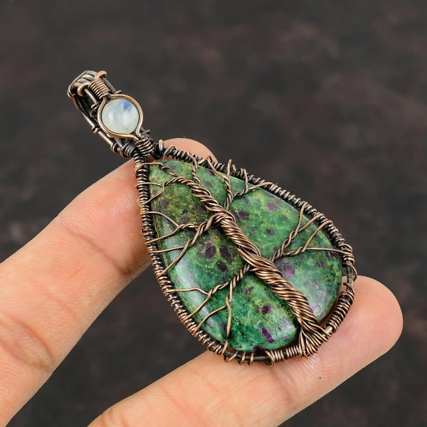 Ruby Fuchsite Copper Pendant Moonstone Gemstone Wire Wrap Jewelry Tree Of Life Pendant