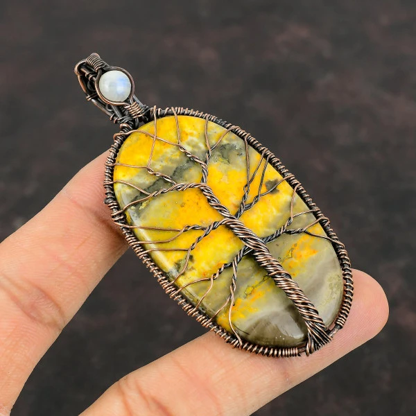 Bumble Bee Jasper Copper Pendant Wire Wrapped Moonstone Tree Of Life Gemstone Jewelry