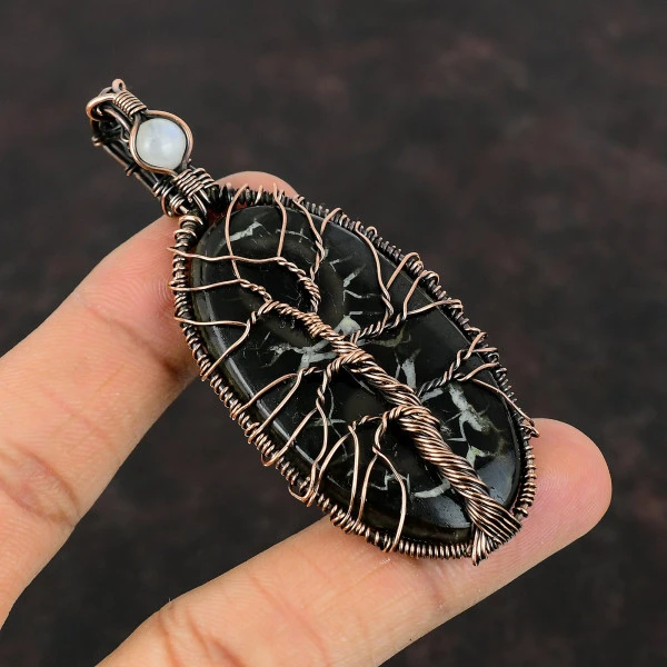 Tree Of Life Moroccan Mud Crack Fossil Pendant Moonstone Copper Wire Wrap Gemstone Pendant