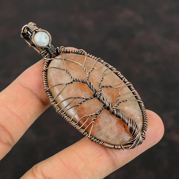 Sunstone Wire Wrapping Pendant Moonstone Copper Pendant Gemstone Tree Of Life Jewelry