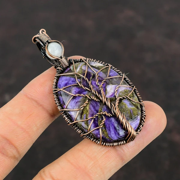 Copper Charoite Copper Wire Wrap Gemstone Pendant Moonstone Tree of Life Jewelry